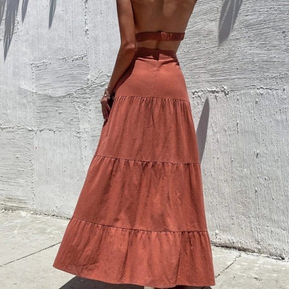 Burnt Orange Casual Womens Cut Out Crisscross Ruffle Hem Backless Halter Dress - Picture 3 of 5